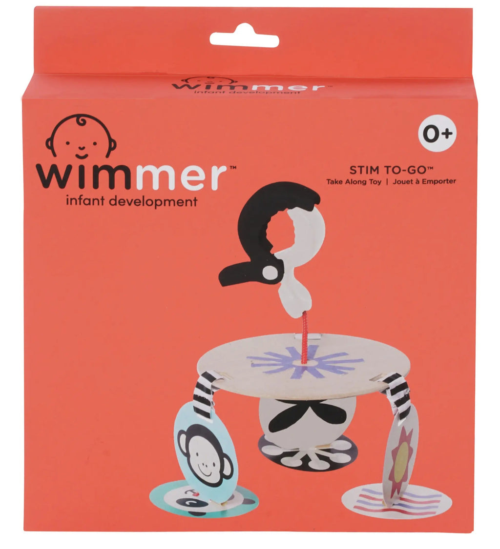 Wimmer infant & baby development product packaging - baby crib or stroller toy with hanging designs.