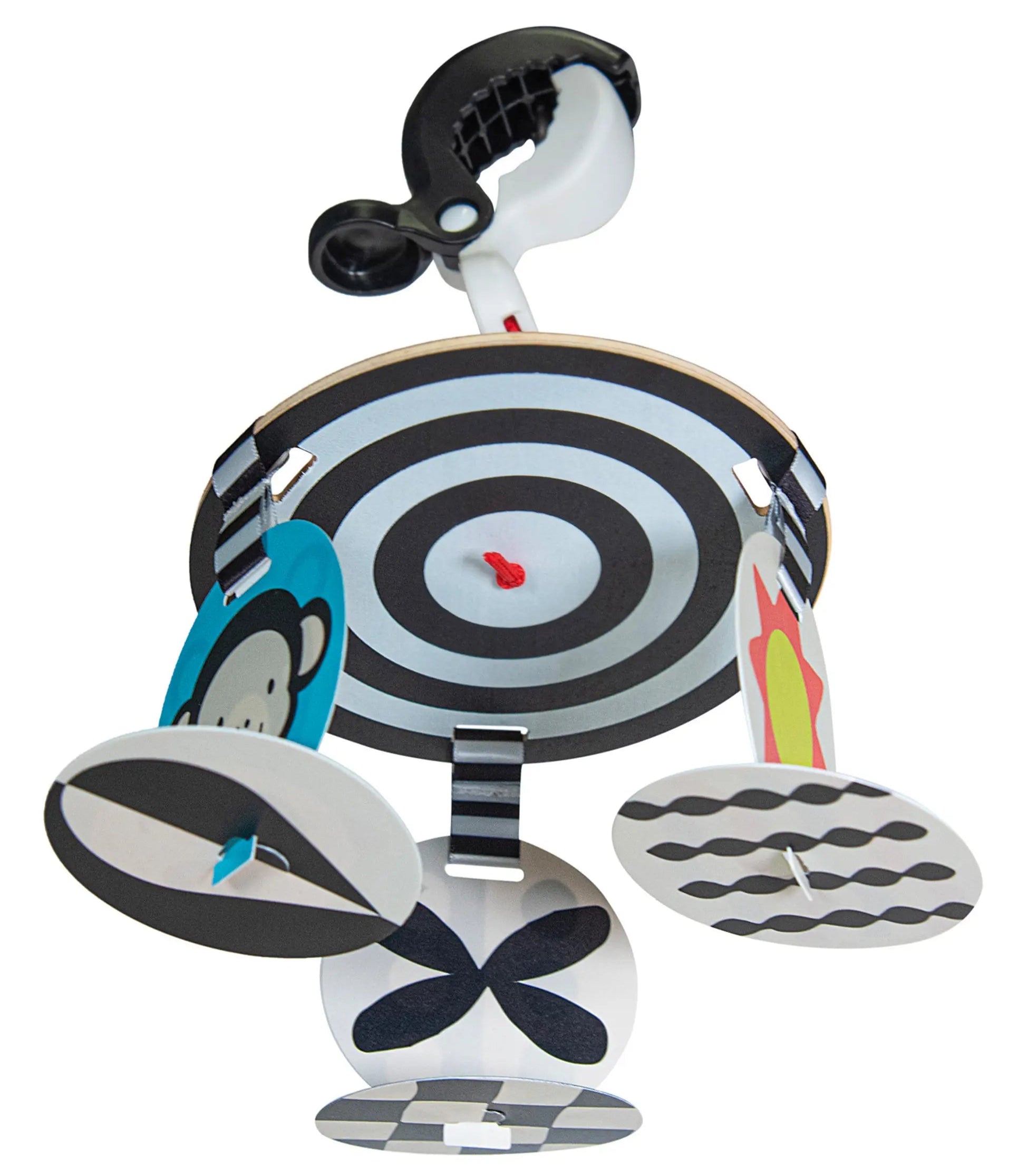 Children's baby mobile with various shapes and patterns on a white background