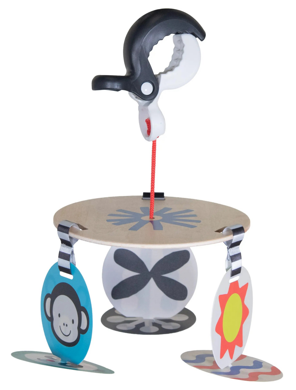 baby crib or stroller toy with hanging designs on a white background